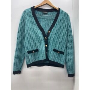 Calligraphie Womens Teal Black Fuzzy Knit Button Front Cardigan Sweater Size S